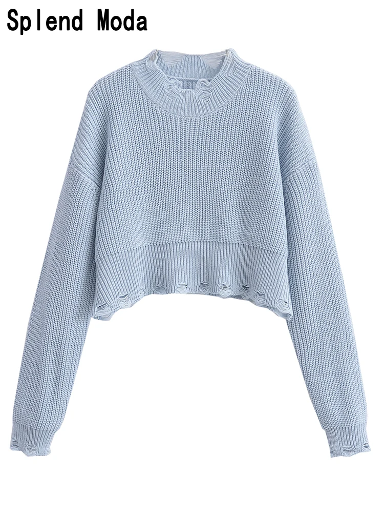 

2023 Women Autumn Fashion Street Style Hole Knitted Pullover Casual Loose Short Sweater Chic O-Neck Long Sleeve Jumpers TRAF