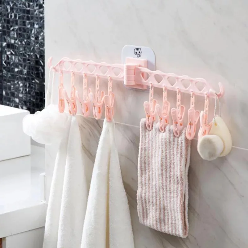 10 Clips Wall Hanging Clothes Rack Bathroom Towel Hanger Folding Clothespin Underwear Socks Rack Wall Hanging clothes stand