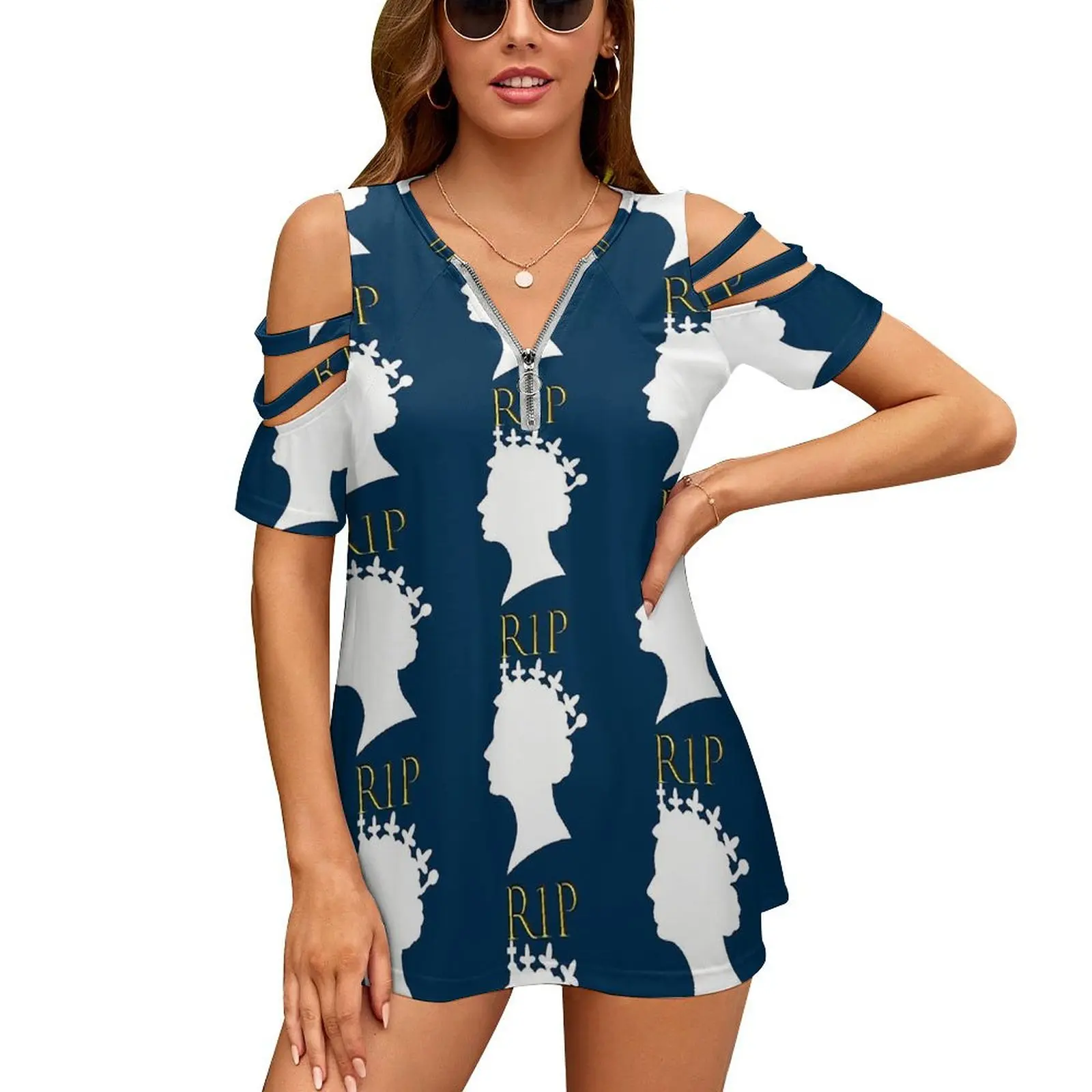 

Elizabeth II T Shirts Queenelizabeth Print Casual V Neck T-Shirt Cool Off Shoulder Oversized Tees Summer Custom Womens Clothes