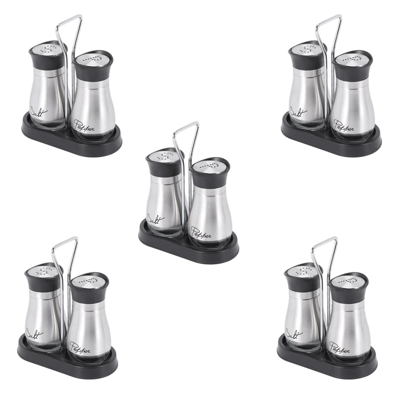 

5X Salt And Pepper Shakers Set - High Grade Stainless Steel With Glass Bottom And 4 Inch Stand - 4 Oz.
