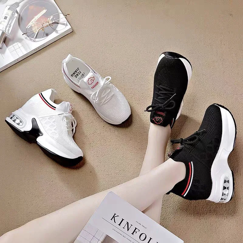 

2022 Summer Thin Inner Height Increase Sneakers Air Cushion Shoes Breathable Women's Casual Shoes Soft Bottom Flying Woven Shoes