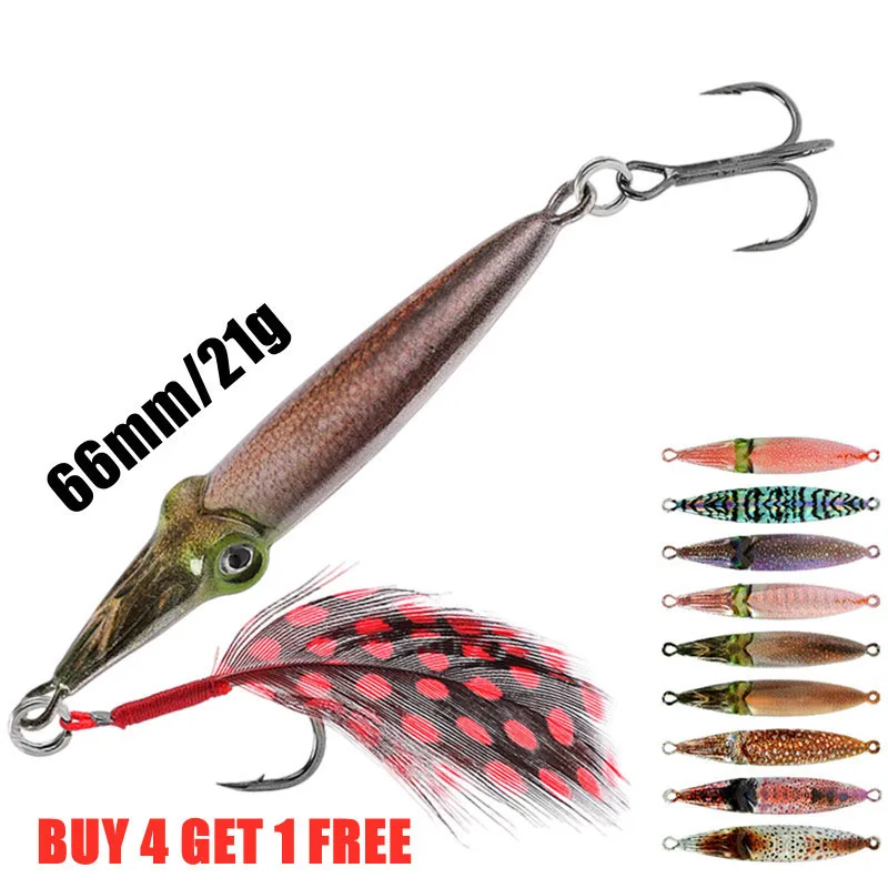 

66mm 21g Metal Squid Fishing Jig Jigbait Lure Silver Plating Shore Cast Decoys Metal Bait Artificial Lures Feather hook