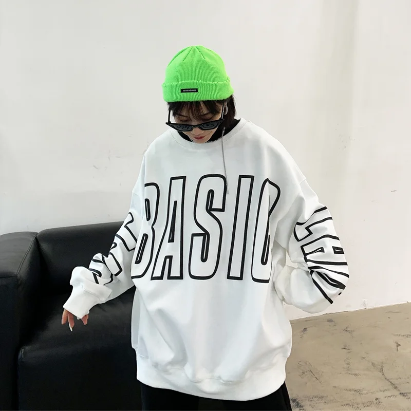 

White Sweatshirt Women Letter Print Crew Neck Fashion Hip Hop Oversized Leisure Loose Vintage Winter Long Sleeves Tops Pullover
