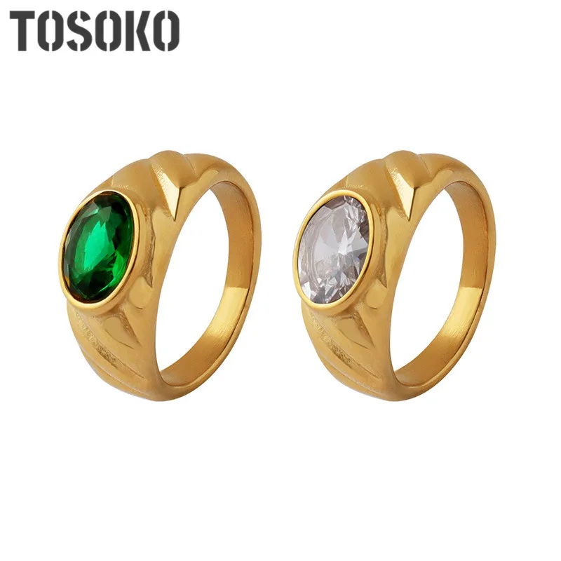 

TOSOKO Stainless Steel Jewelry Concave Convex Texture White Green Zircon Inlaid Ring Female Elegant Ring BSA391