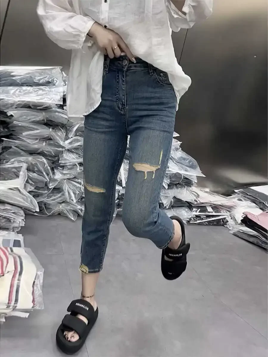 Женские джинсы Y2k рваные узкие скинни женские эластичные брюки больших размеров