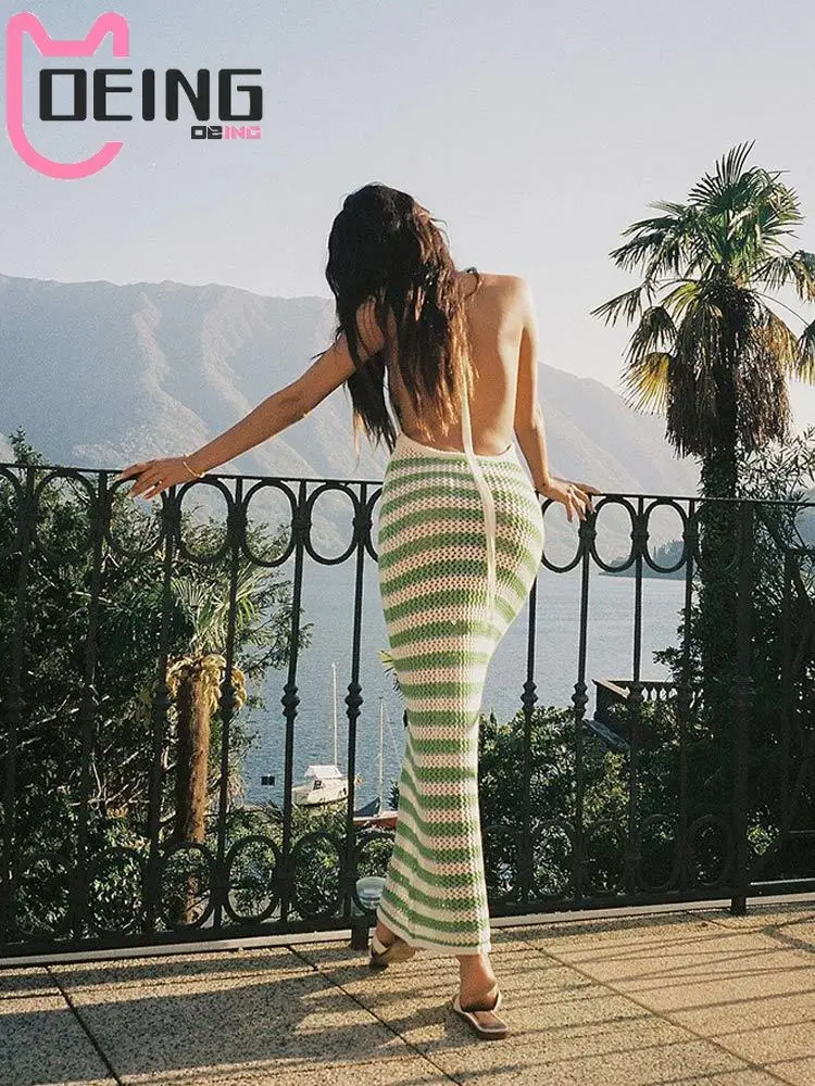 

OEING Backless Knit Dress Women Halter Lace Up Summer Beach Dresses Female 2022 Party Fashion Streeswear Ladies Vestidos