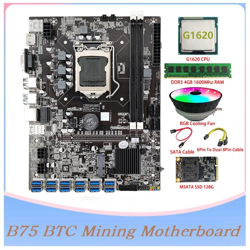

B75 BTC Mining Motherboard 12 PCIE To USB LGA1155 MSATA SSD 128G+DDR3 4GB 1600Mhz RAM+Cooling Fan B75 ETH Motherboard