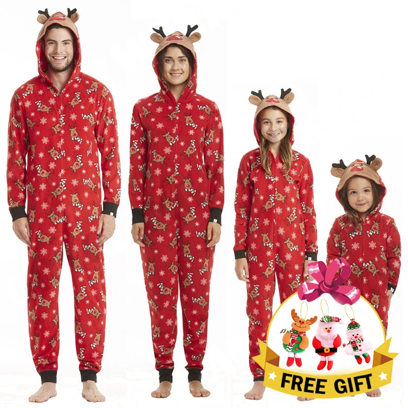 

2022 New Christmas Family Matching Pajamas Set Elk Ear Hooded Romper Adults Kids Baby Clothing Sets Jumpsuit Overall Family Look