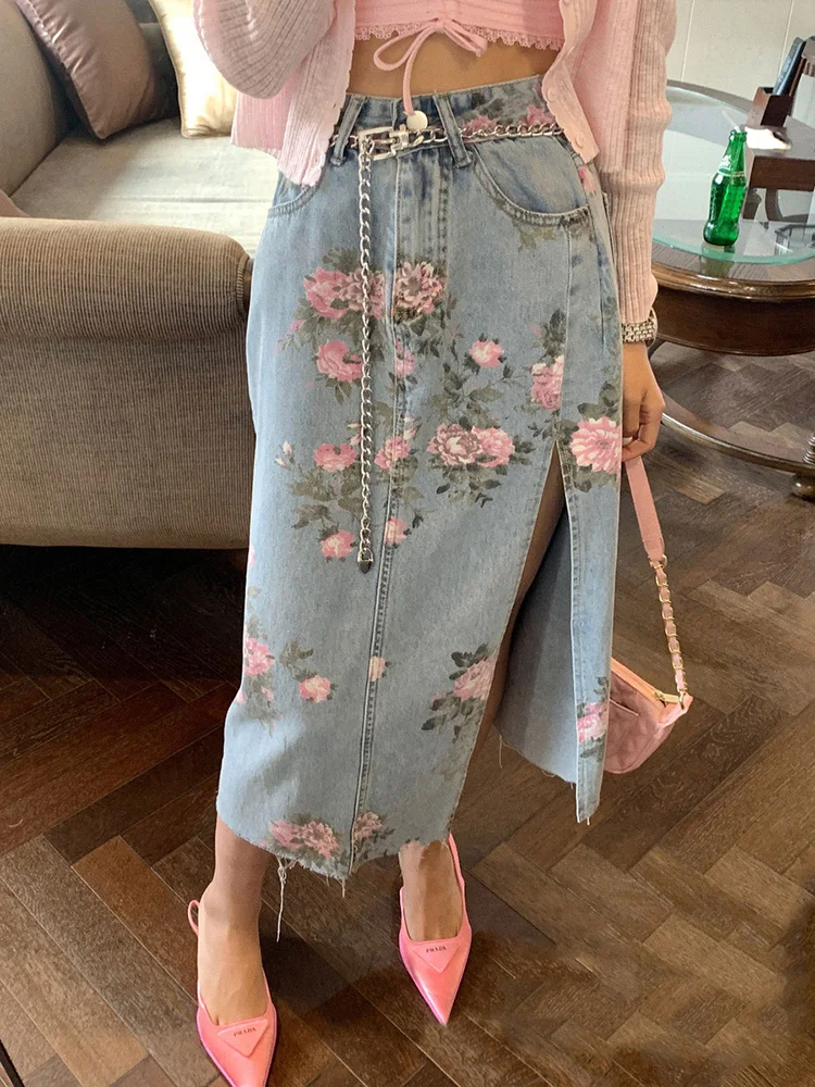 

Long Split Jean Skirt Women High Wasit Patchwork Korean Fashion Sexy Straight Denim Skirt Floral Print Streetwear Summer 2023