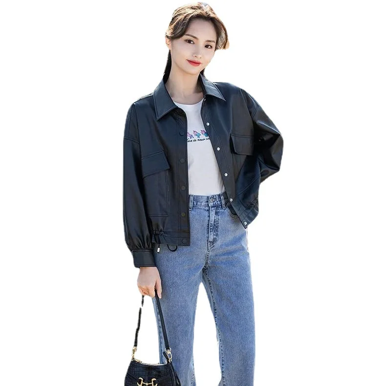 Leather coat, women's short, loose, Korean fashion, spring  autumn 2022, leather jacket, casual women's wear
