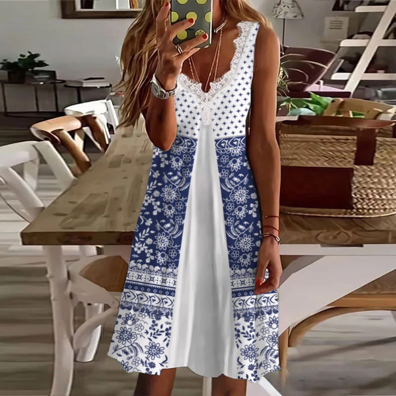 

Dressy Dresses Women Sleeveless Dress Patchwork Print Lace V Neck Elegant Evening Dress Cold Shoulder Casual Daily Ritual Midi