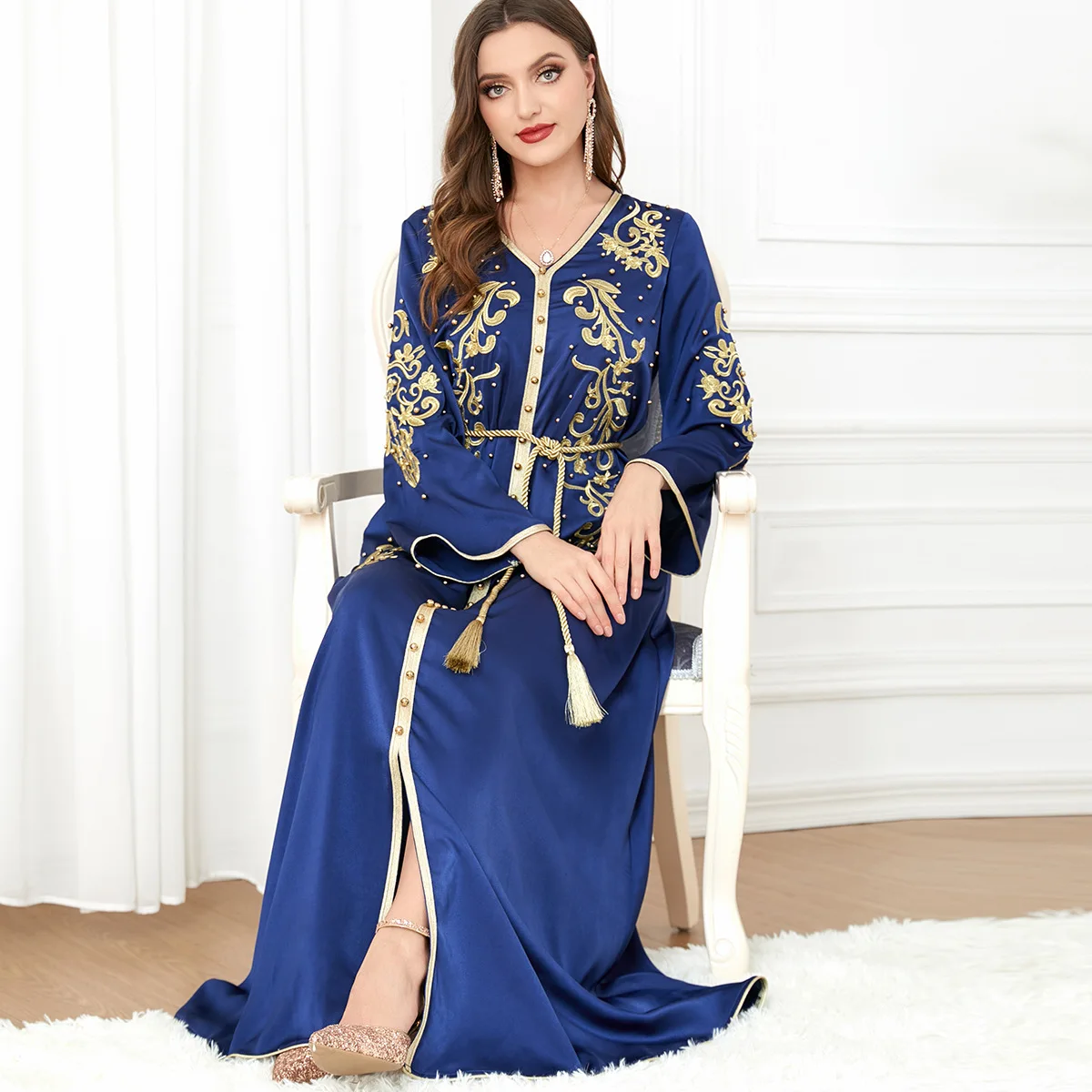 Elegant Casual Floral Embroidery Beaded Long Sleeve Muslim Dresses Party Belted Kaftan Modest Clothing Women Ramadan