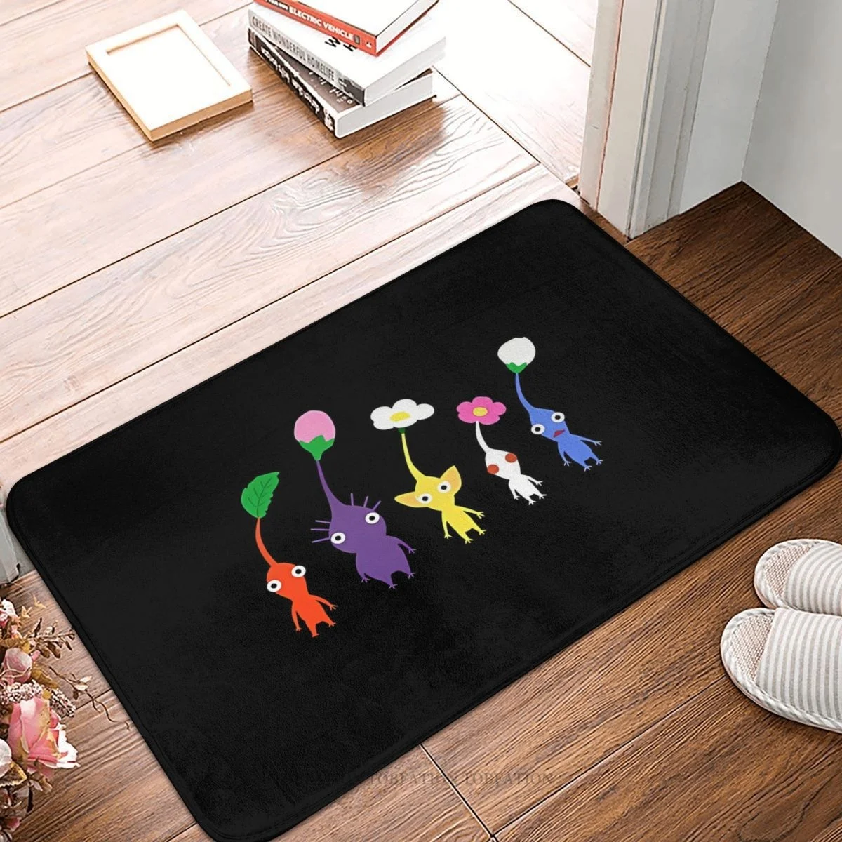 

Three Pikmin Bath Non-Slip Carpet Cute Pattern Black Flannel Mat Entrance Door Doormat Floor Decoration Rug