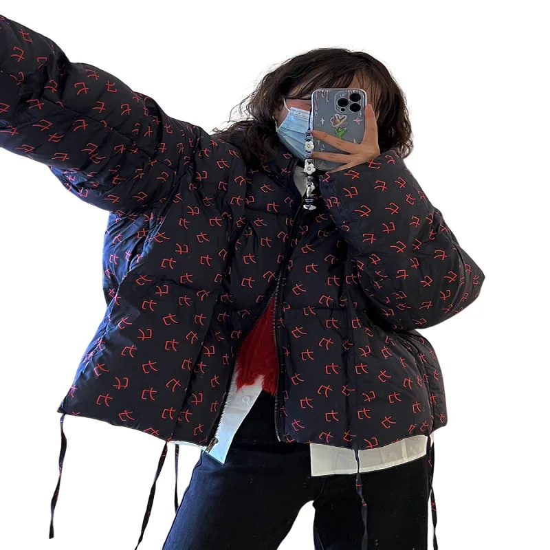 Personalized Printed Zipper Hooded Cotton Jacket Loose Female Autumn and Winter Models Warm Casual Hem Drawstring Jacket Tide