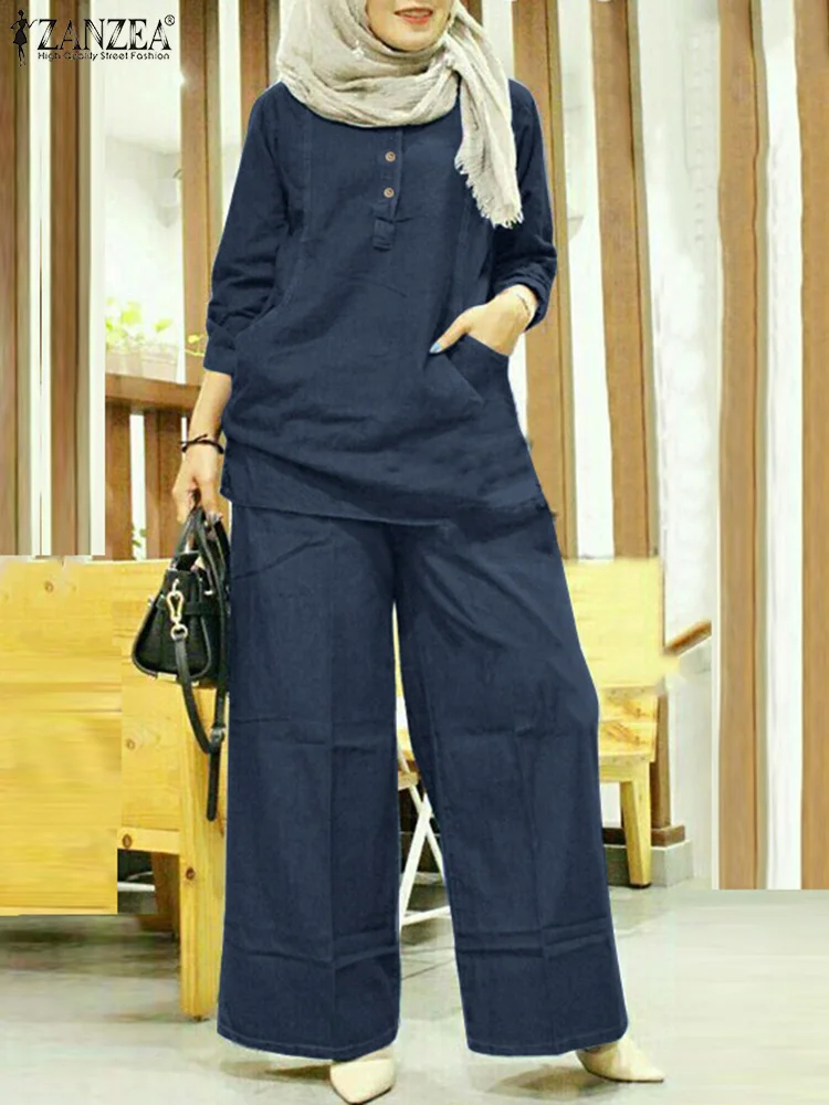 

ZANZEA, винтажные комплекты из двух предметов, женские повседневные Однотонные блузки с рукавом 3/4, широкие брюки, комплекты, свободные спортив...