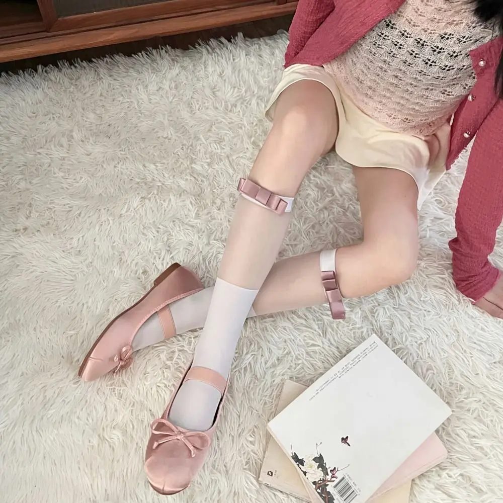 

Sweat-absorbent Thin Simple Soft Breathable Korean Style Hosiery Women Balletcore Socks Splicing Calf Socks Bow Ribbon Socks