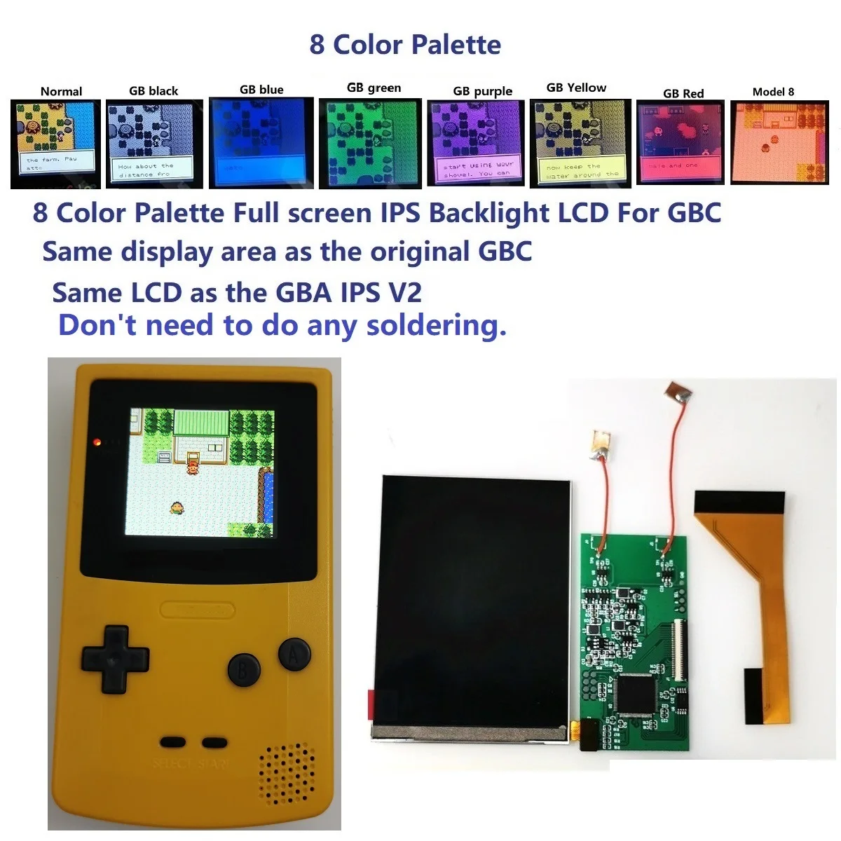8 Colorful Palette Full Size ips Backlight Backlit LCD Kit For Gameboy Color For GBC Console