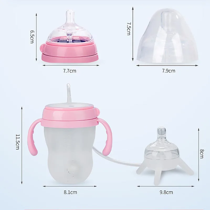 250ml Hands-free Silicone Water Bottle with Straw Newborn Baby Feeding Kids Cup Sippy Training Cute Drinking Pacifiers  Bottle