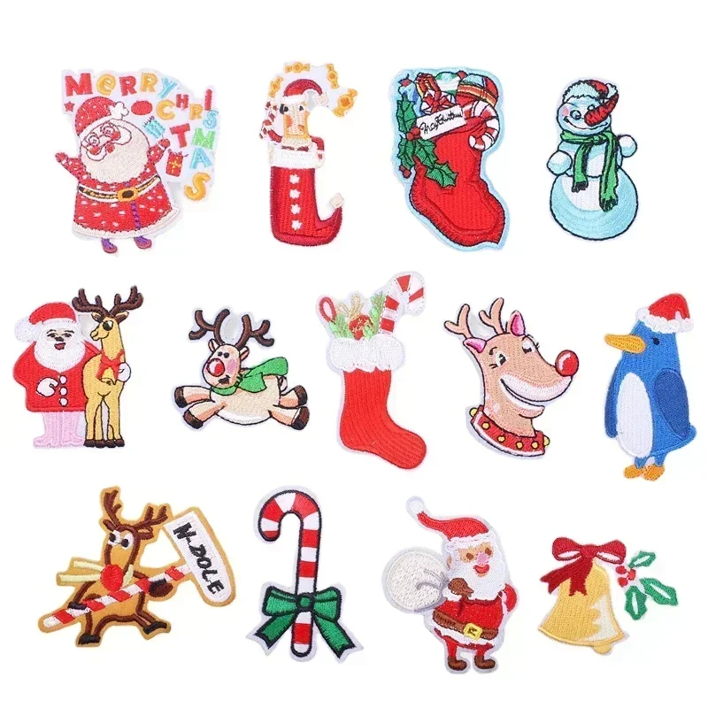 

50pcs/Lot Merry Christmas Embroidery Patch Clothing Decoration Accessory Santa Claus Snowman Moose Penguin Bell Socks.Applique