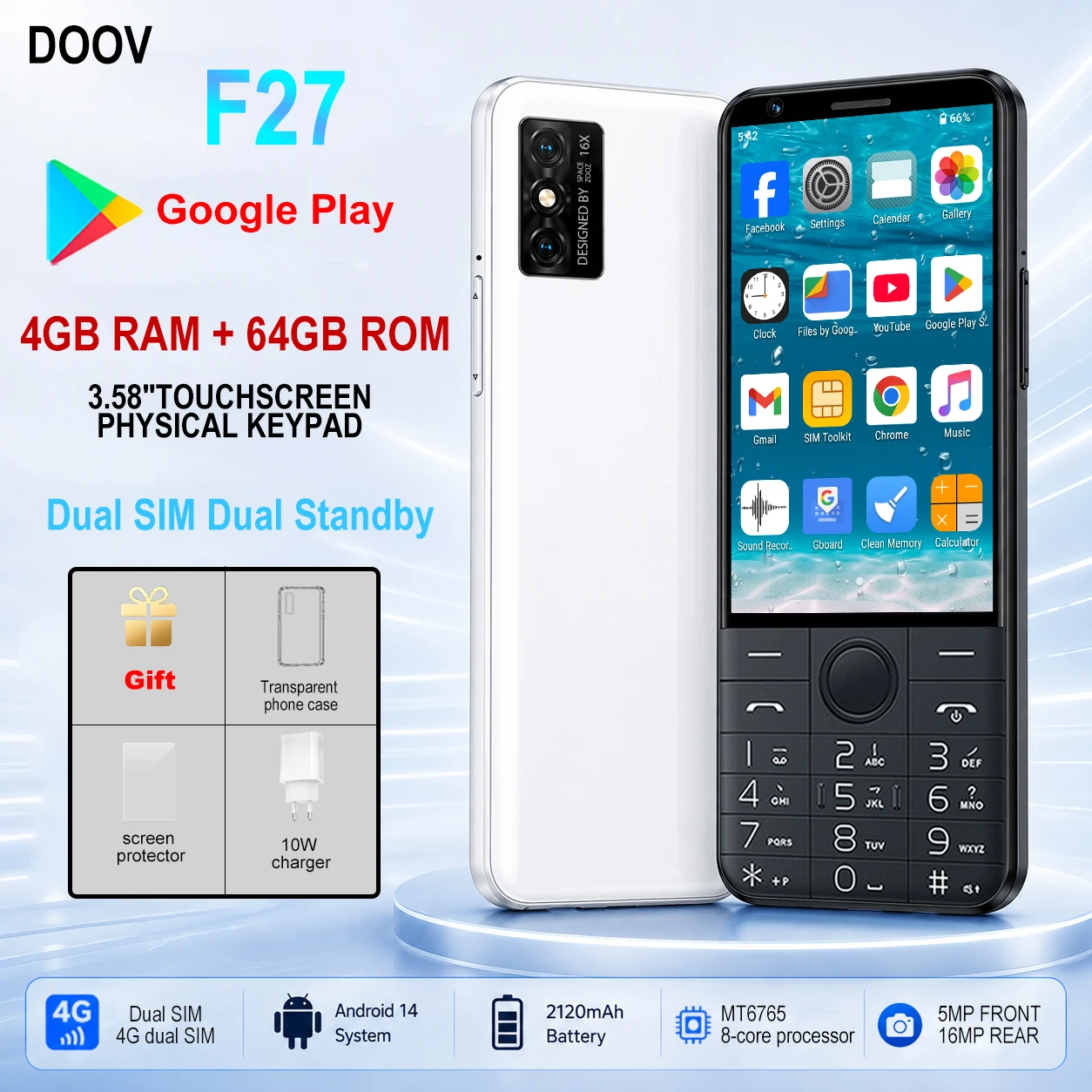 Фото DOOV F27 Android 14 Телефон с двумя SIM-картами, 3.58-дюймовый экран, MT6765, камера, Google Play, 4 ГБ ОЗУ, 64 ГБ памяти, Bluetooth, сенсорный экран, клавиатура, мобильный телефон. №1