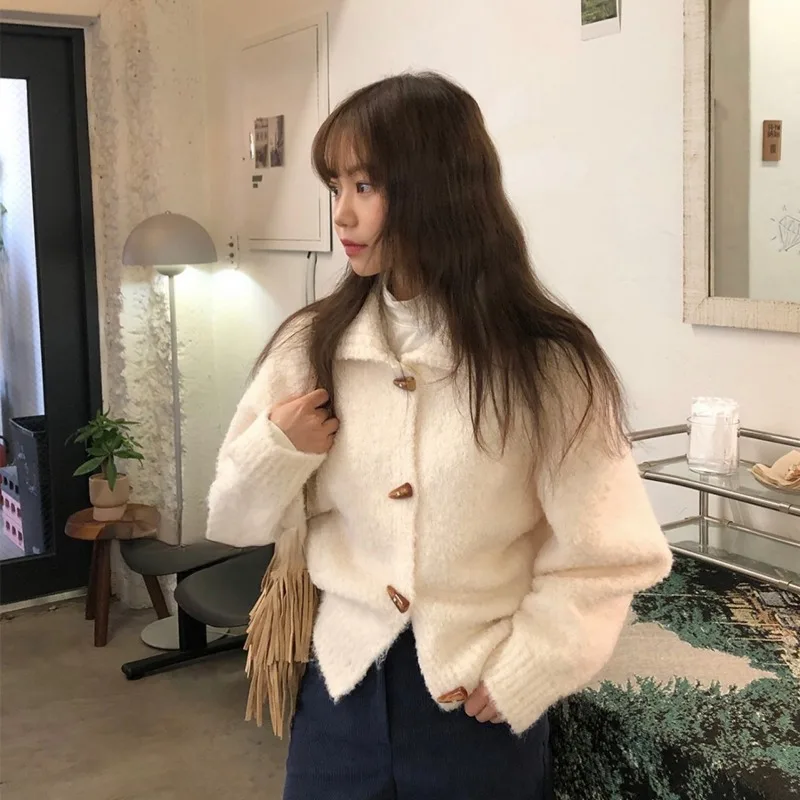 Matakawa женские свитера с роговими пуговицами белые однотонные милые толстые