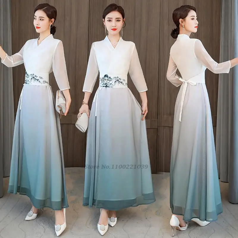 

2023 women improved hanfu dress chinese folk dance dress qipao national flower print chiffon dress oriental tea service hanfu