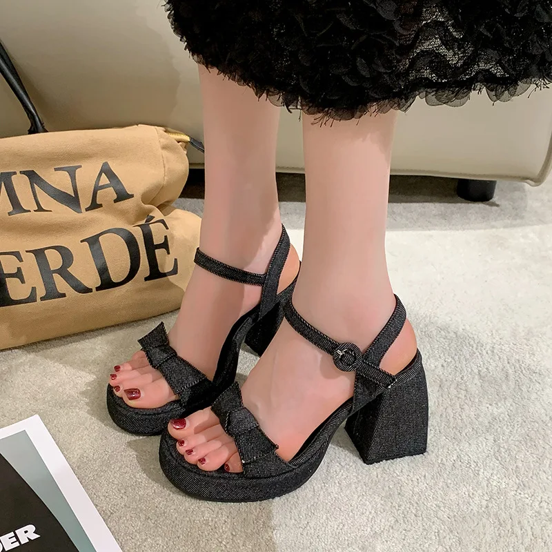 2023 Summer High Heel Thick Heel Sandals Women's Buckle Thick Sole Mary Jane Fashion Casual Blue Denim Strap Sandals size 35-39