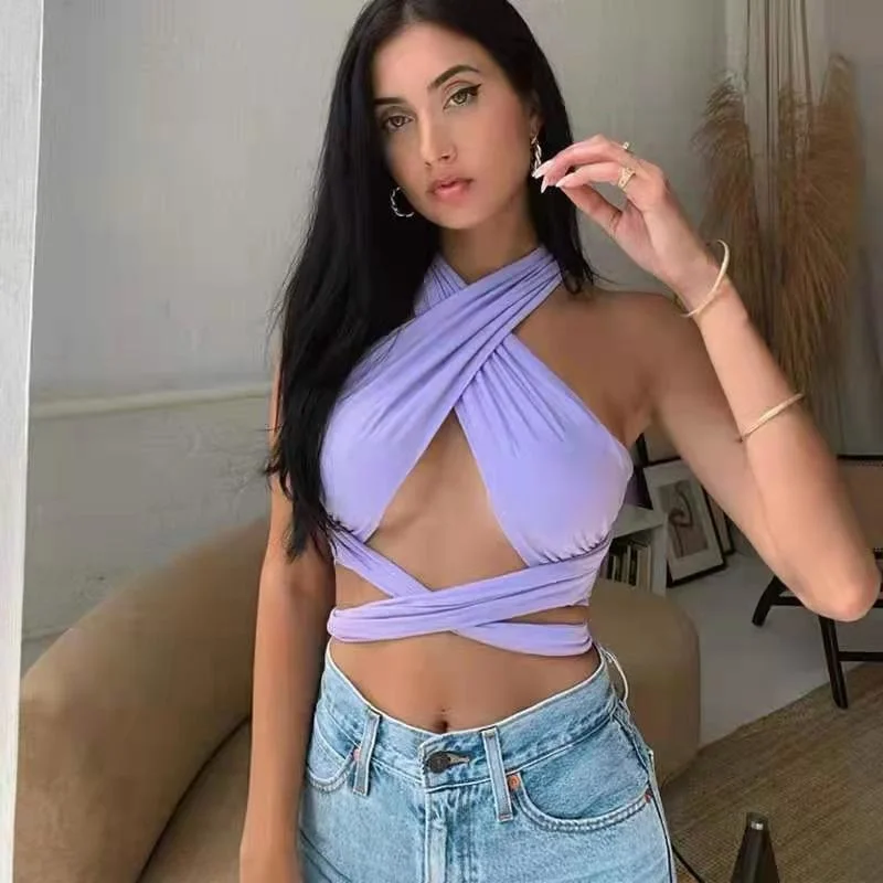

2022new spring women's clothing new nightclub sexy exposed navel hanging neck cross strap top women
