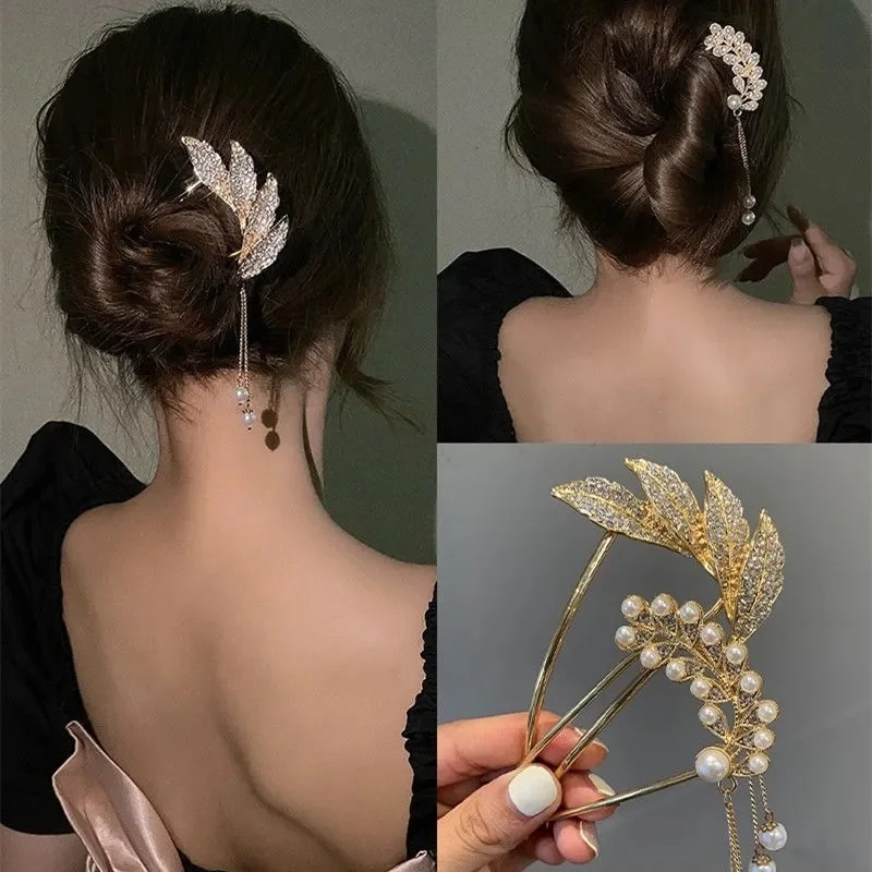 

Elegant Crystal Hair Fork Women Tassel Pearl Feather U-shaped Hairpin Wedding Bun Hair Divice Headwear Jewelry Accessories 2022
