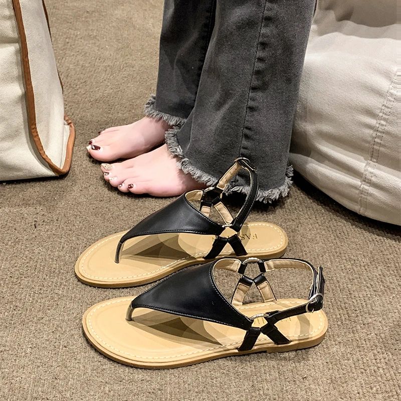 Women's Casual Holiday Beach Sandals 2023 Summer New Round Toe Flat Flip Flops Ladies Retro Bohemian Slippers Sandalias Mujer