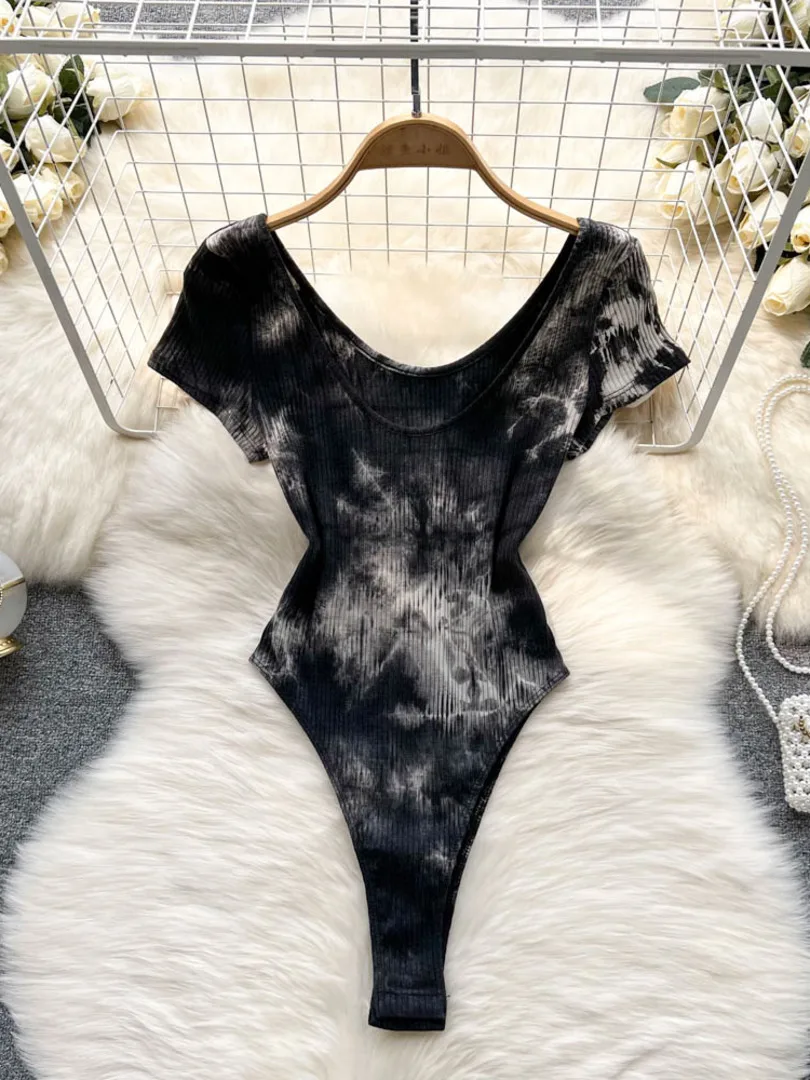 

Retro French Style Tie Dye Print Bodysuits 2022 New Women Summer O-neck Short Sleeve Slim T-shirt Body Tops Casual Streetwear
