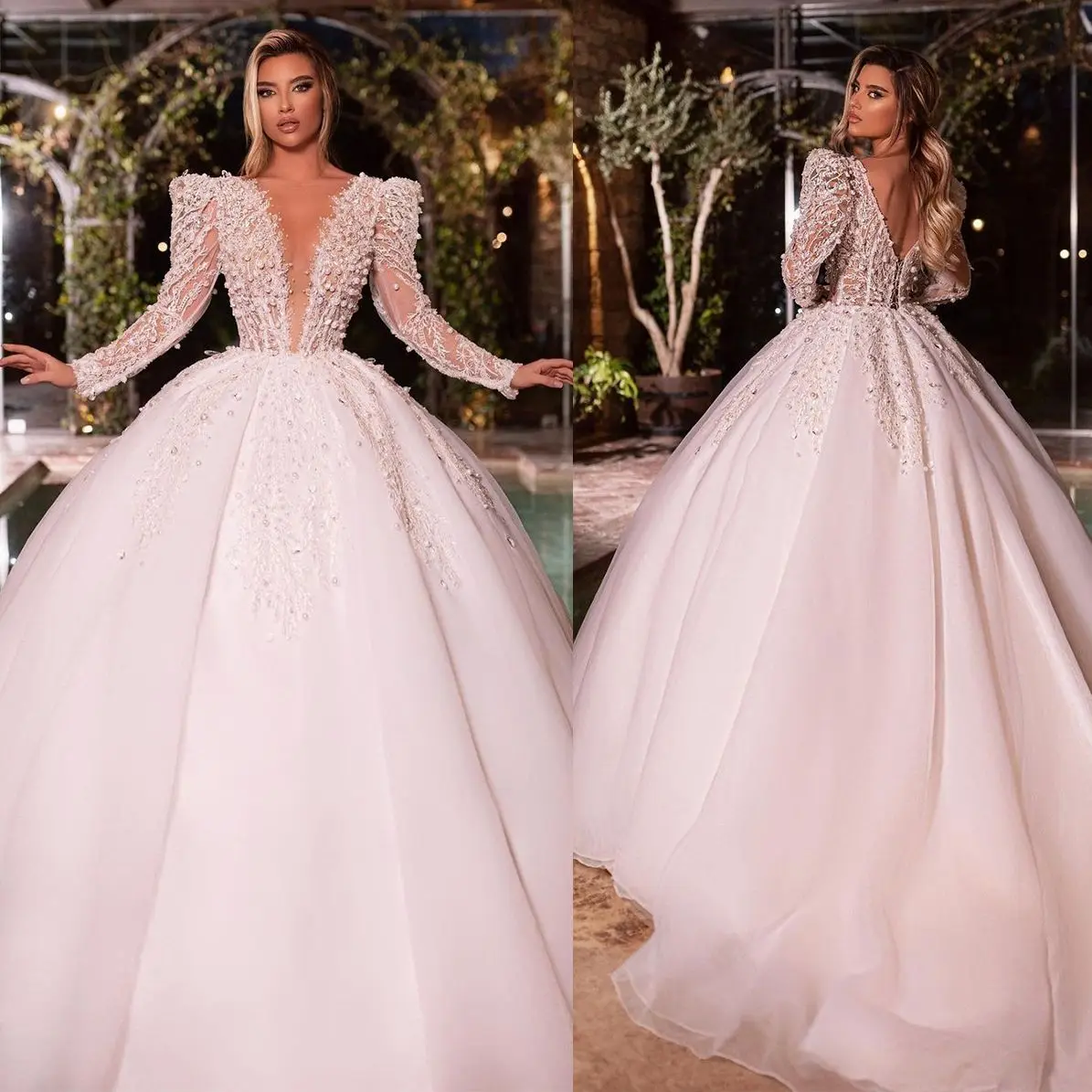

Изысканные арабские Свадебные платья с V-образным вырезом и жемчугом, бальное платье, Элегантное свадебное платье с длинным рукавом и аппликацией, кружевное платье до пола по индивидуальному заказу
