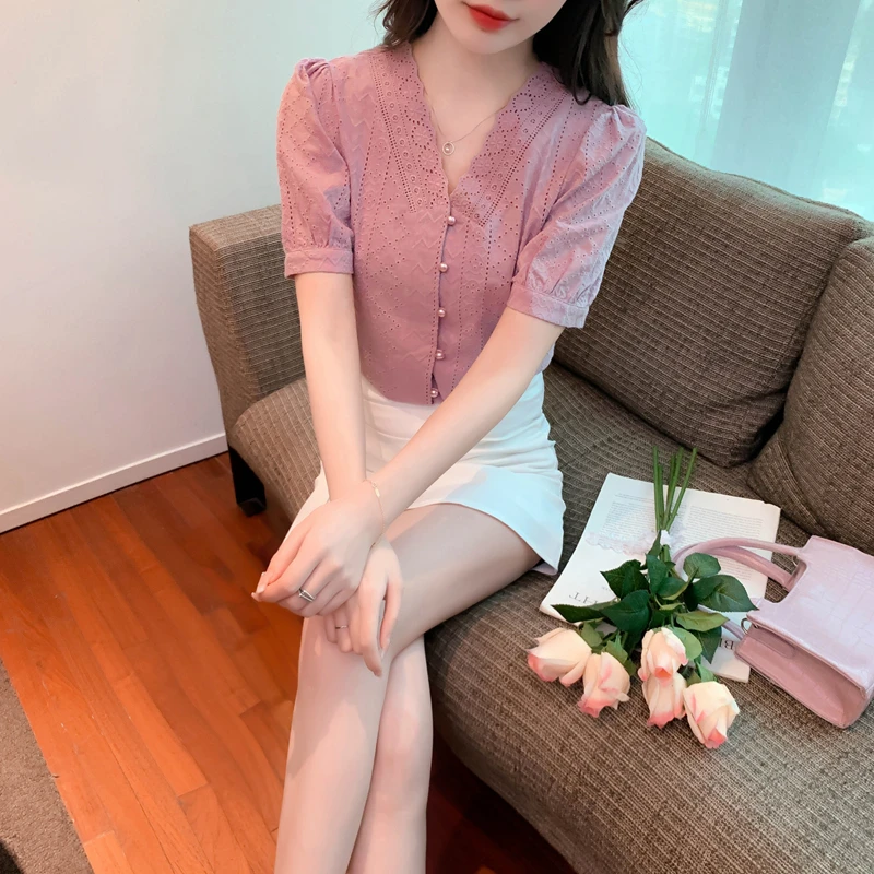 

Women Summer V Neck Tops Elegant Casual Woman Puff Sleeve Blouses 2022 Fashion Breathable Shirt Woman MQ47