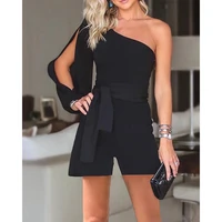 ninimour women one shoulder slit sleeve asymmetrical romper summer solid color one piece shorts suit casual office lady clothes