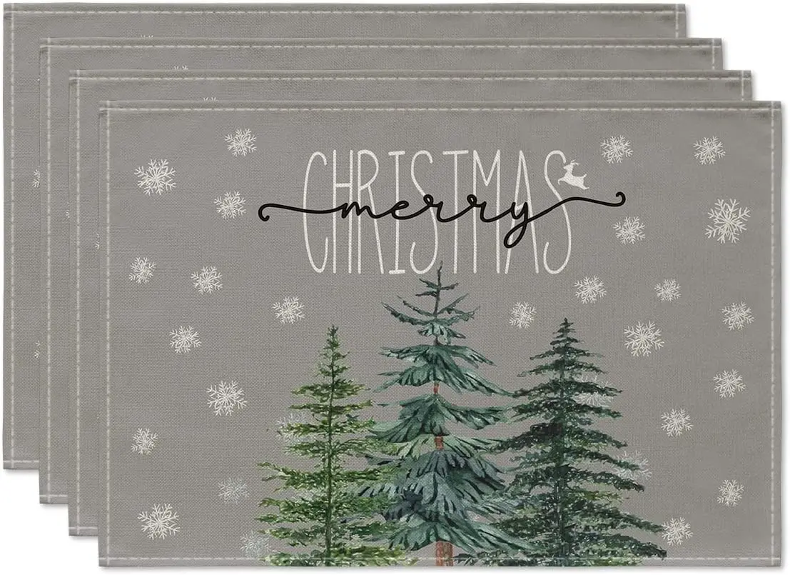 

Pine Tree Snowflake Merry Christmas Placemats Set of 4 12x18 Inch Seasonal Winter Xmas Holiday Table Mats for Party Dining