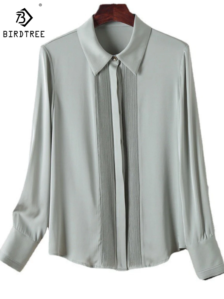 

Birdtree 90.5% шелк тутового шелкопряда сплошной цвет рубашка женская весна/лето 2023 новый отворот с длинным рукавом высокого класса пригородный Топ T38092QD