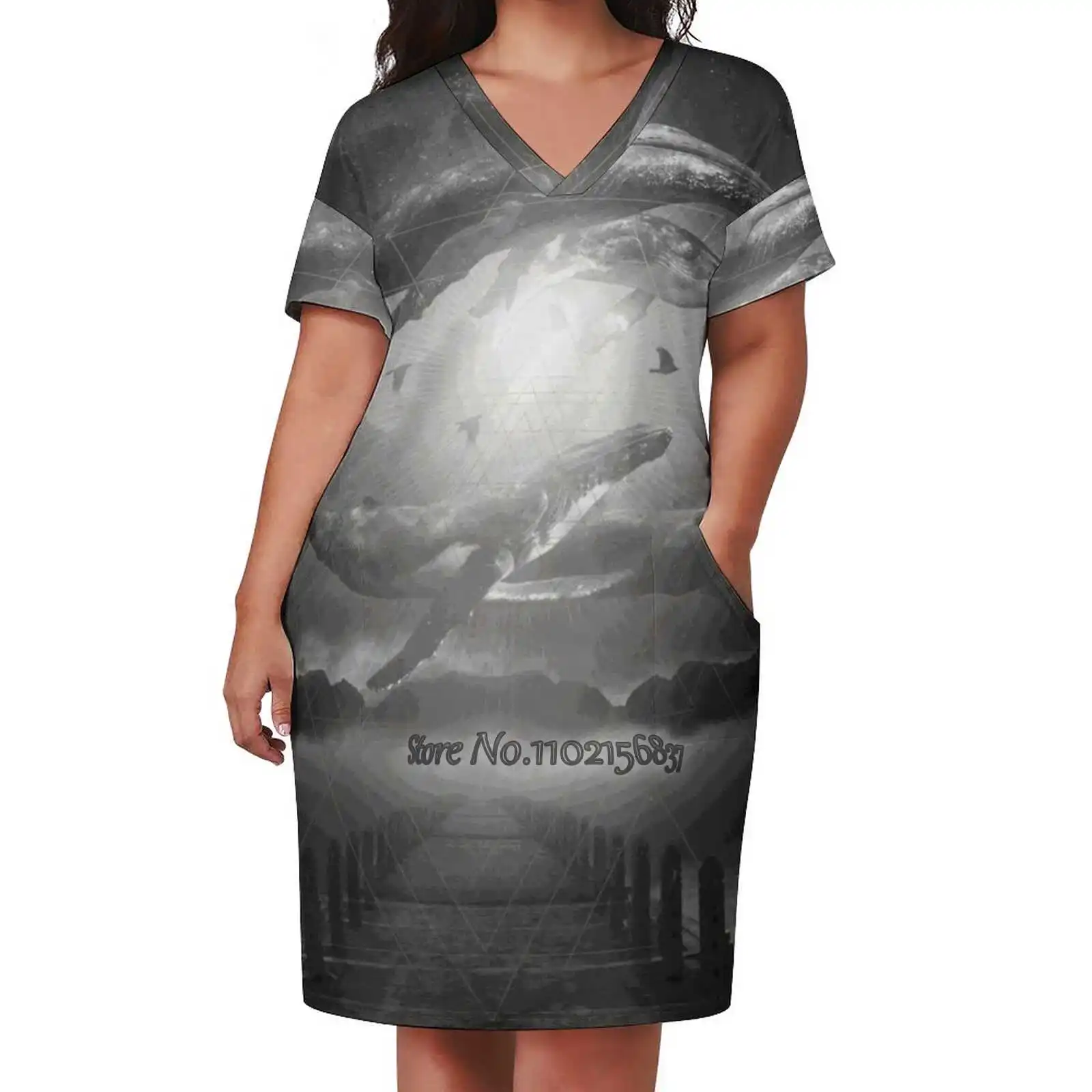 

Женское платье с коротким рукавом, V-образным вырезом и принтом