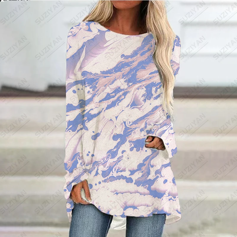 Spring and Autumn Women's Plus Size 3D Printed Long Sleeve Long T-shirt Women's Fashion Casual Light Tie Dyed Girls' Short Skirt