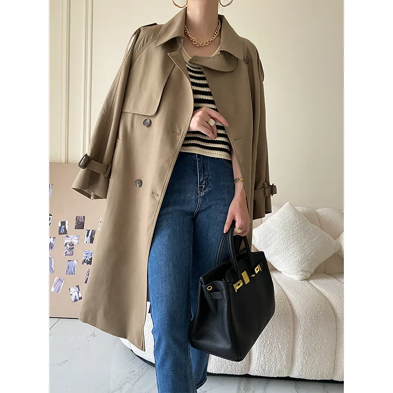 

Khaki Color Fashion Double-Breasted Women Long COAT Full Sleeves Belt Sashes Good Quality Office Work Lady Jackets Clothing