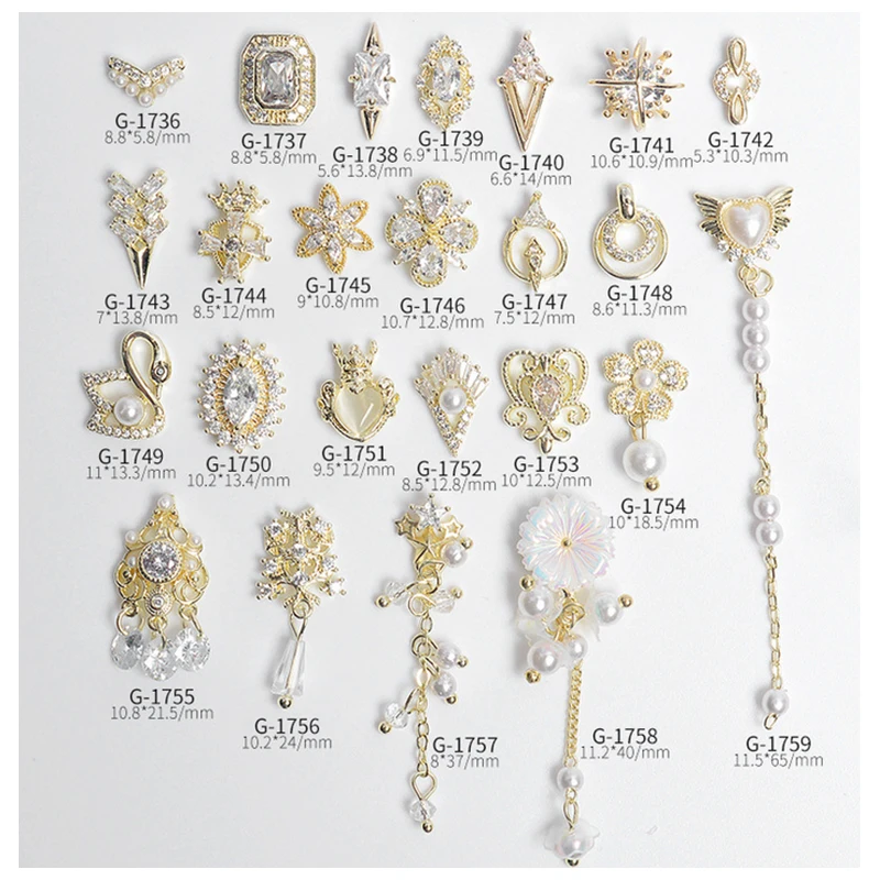 

3pcs Nail Zircon Pearl Decorations Swan Flowers Pendant Chains Gold Alloy For Nail Manicure Beauty
