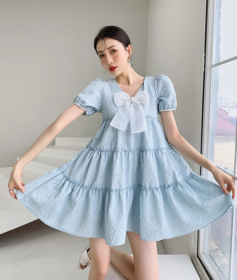 

Женское летнее платье, элегантное светло-голубое платье с бисером и бантом, милое летнее платье в французском стиле, 2022
