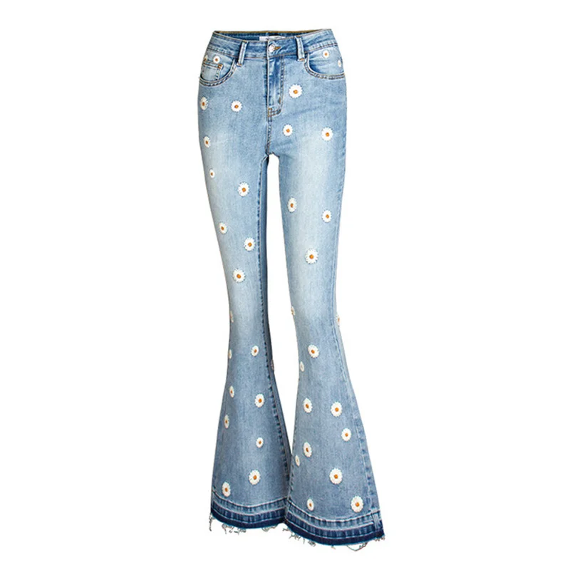 

Embroidered Elegant Skinny Flare Jeans women 2022 NEW Spring Autumn Vintage Style Light Blue Denim Streetwear Jeans Femme J192