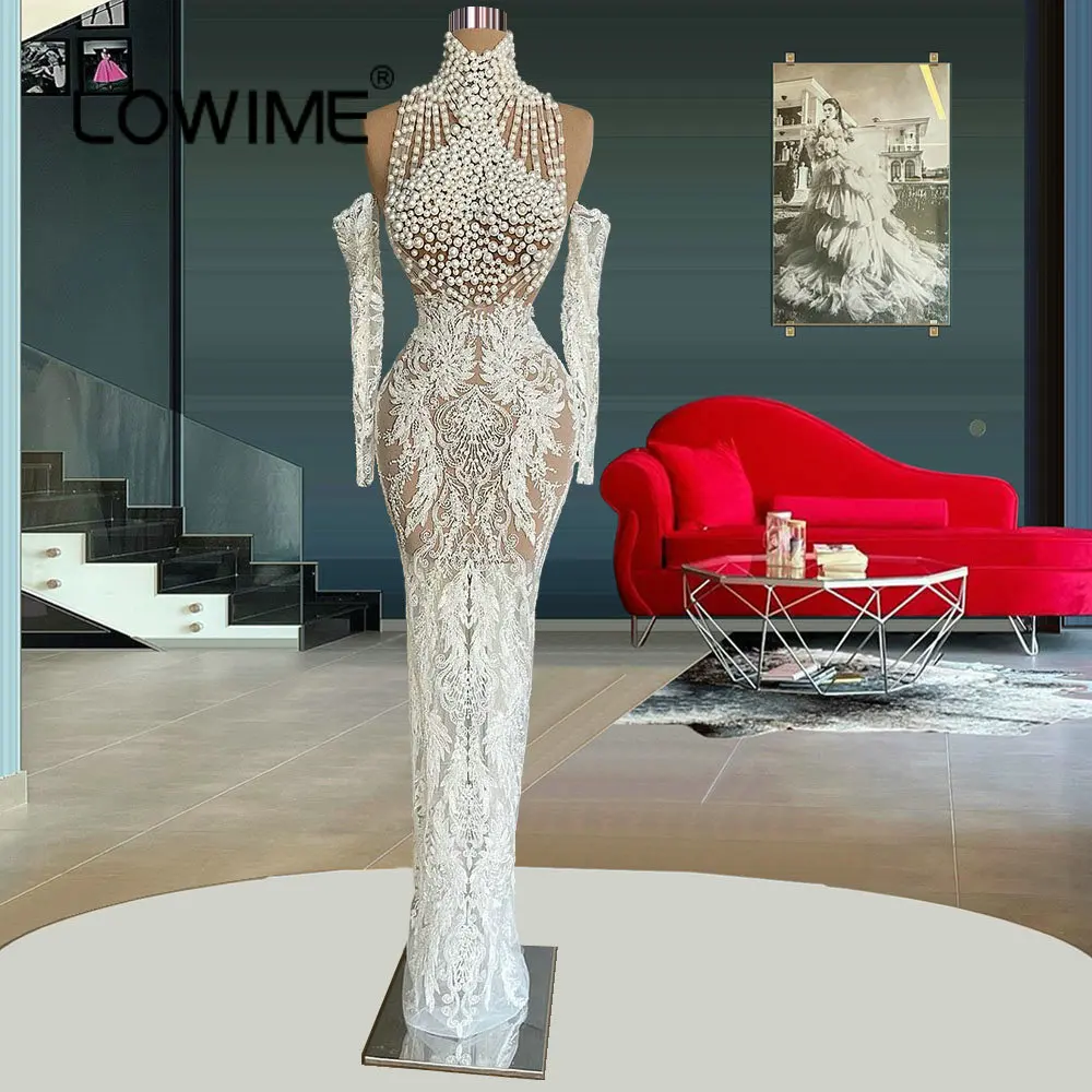 

Pearls High Neck Long Mermaid Lace Evening Dresses for Women Party 2022 Sexy Illusion Off Shoulder Long Sleeves Prom Gowns