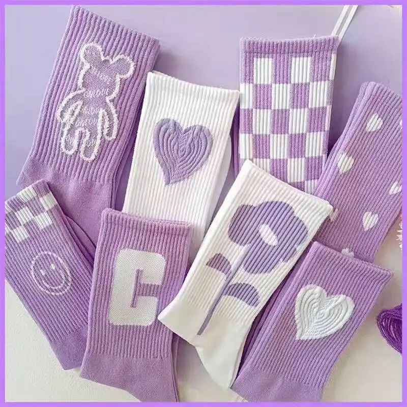 

South Korea Ins Tide Purple Love Flowers Ladies Tube Socks Sweet College Style Sports Socks Stockings