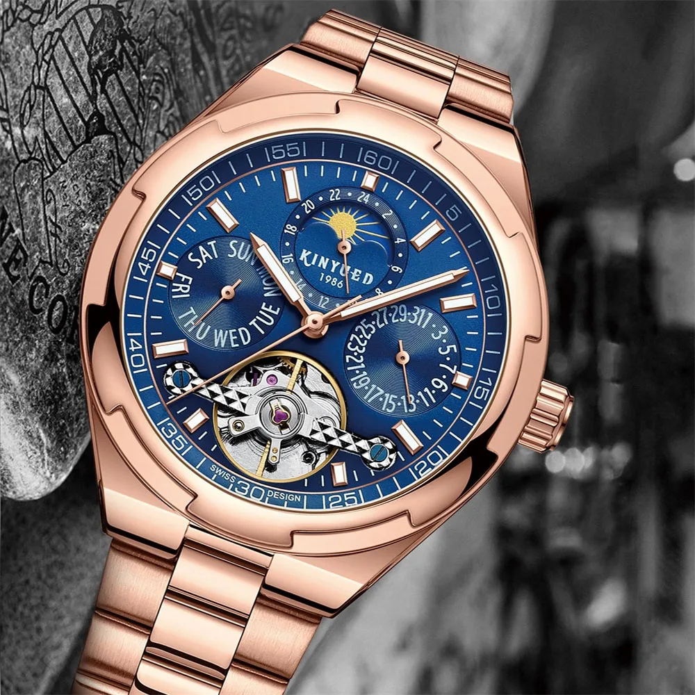 

KINYUED Men Automatic Mechanical Watch Top Brand Stainless Steel Waterproof Watches Fashion Business Hollow Wristwatch J065