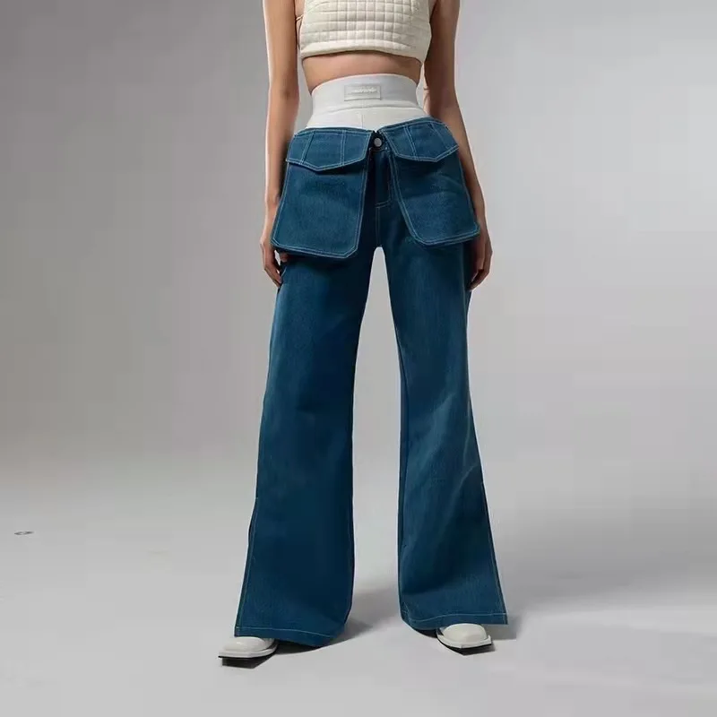 High street women's detachable three-dimensional pockets personality casual low-rise straight pants jeans two-piece set