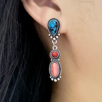 vintage antique silver color botanical floral earrings boho jewelry red blue long drop earrings womens party earring jewelry