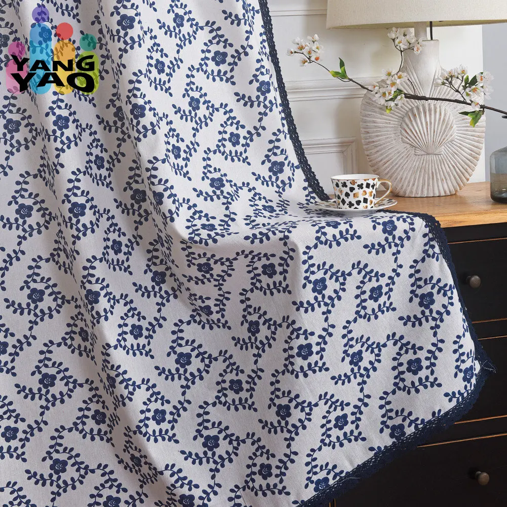 

Blue Floral Cotton Linen Curtain One Panel Darkening Curtains for Living Rooms Bedrooms with Rod Pocket and Easy Hanging TJ8477