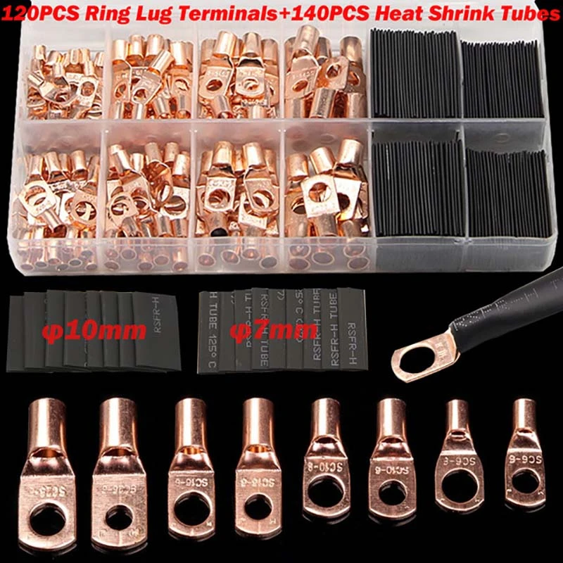 

260/140/60PCS Assortment Copper Battery Ring Cable Wire Crimp Connector Soldered Connectors Lugs Wire Copper Ring Terminal Kit