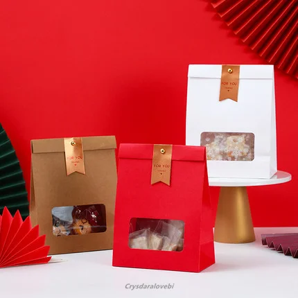 

20pcs Solid Color Kraft Paper Bag Packaging Bag Cookies Packaging Snack Bag Transparent Window Candy Bag